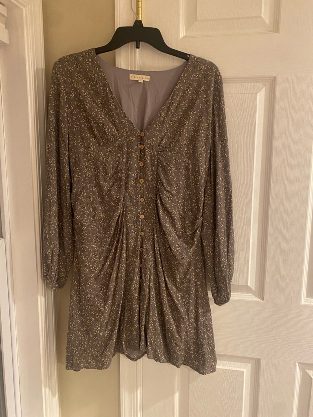 Promesa Taupe Floral V-Neck Button-Front Long Sleeve Dress